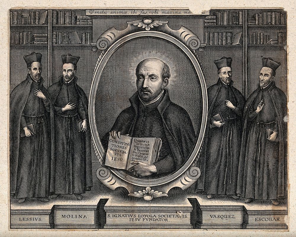 Saint Ignatius of Loyola (centre) with four other leading Jesuits: Lessius, Molina, Vasquez and Escobar. Line engraving.