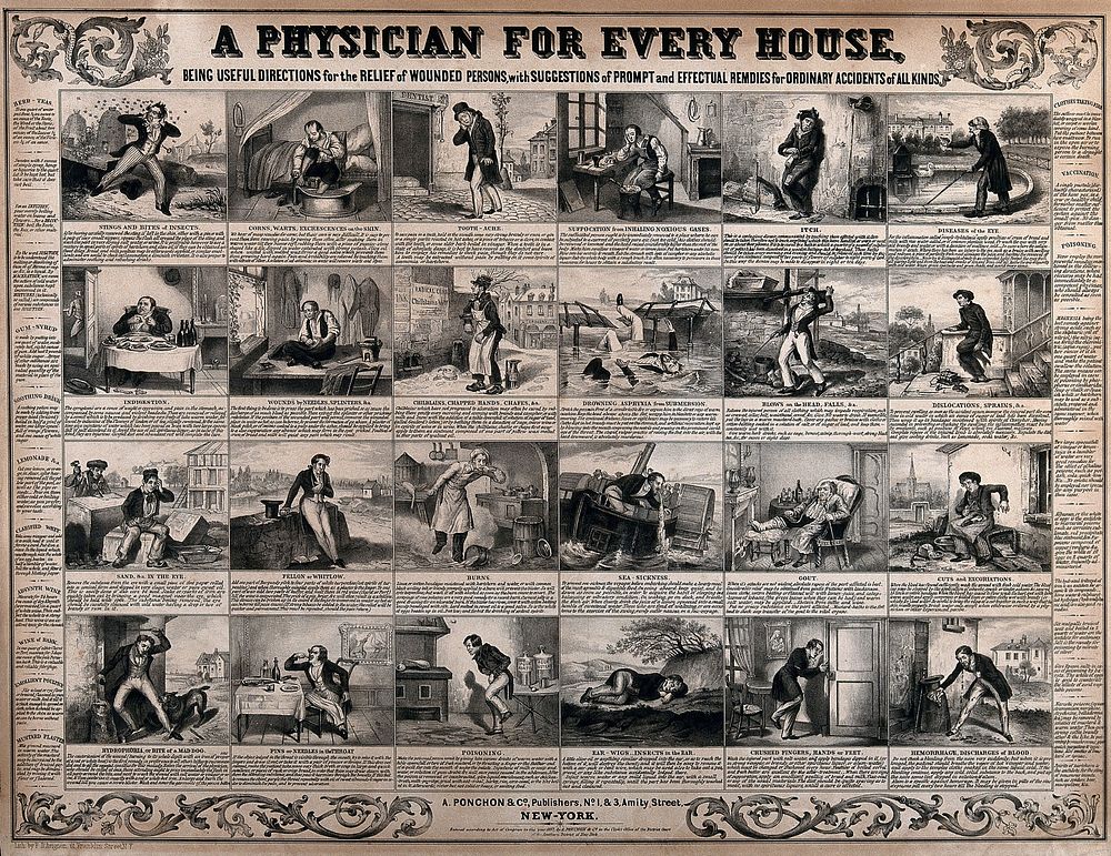 Remedies against insect bites, corns, indigestion, burns, gout, poisoning etc. Lithograph by F. D'Avignon, 1857.