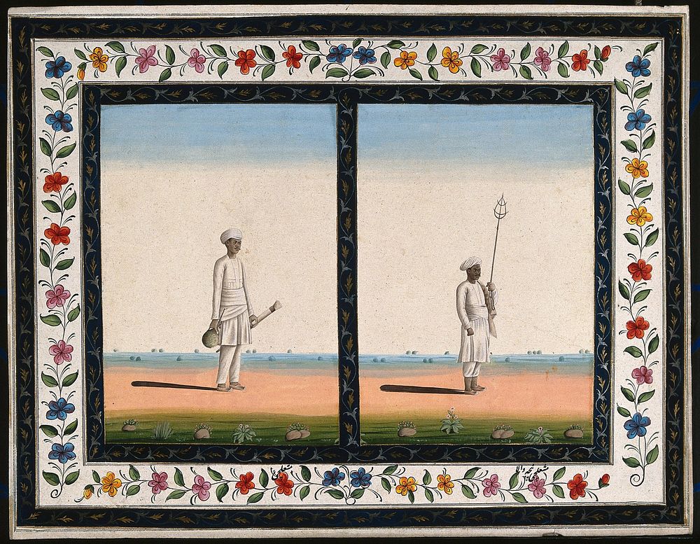 Left, an attendant carrying a rose water sprinkler ; right, a man holding an unidentified instrument. Gouache painting by an…