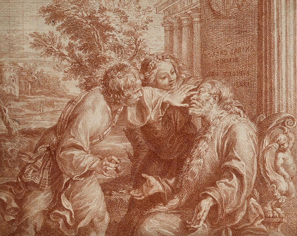 Tobit anointing his father's eyes with the gall of a fish to cure his blindness. Red chalk drawing by B. Picart, 1725, after…