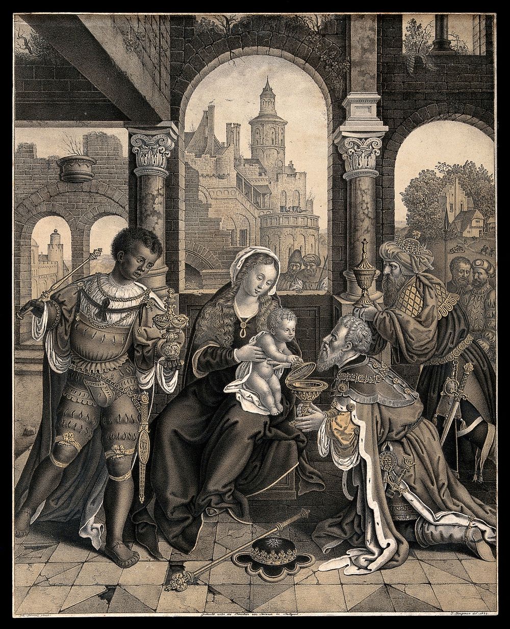 The three Magi offer gifts to the infant Christ, who sits on the Virgin's lap. Tinted lithograph by I. Bergman, 1822, after…