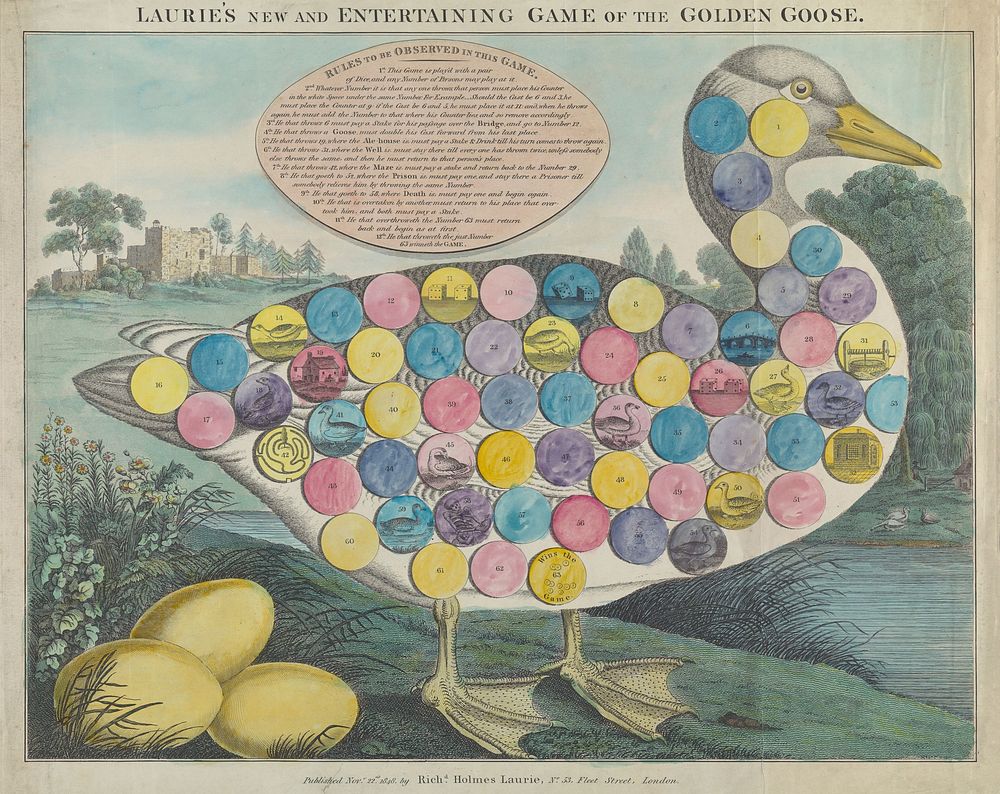 A large goose, with three golden eggs: numbered circles printed on the body of the goose for playing the game of goose.…