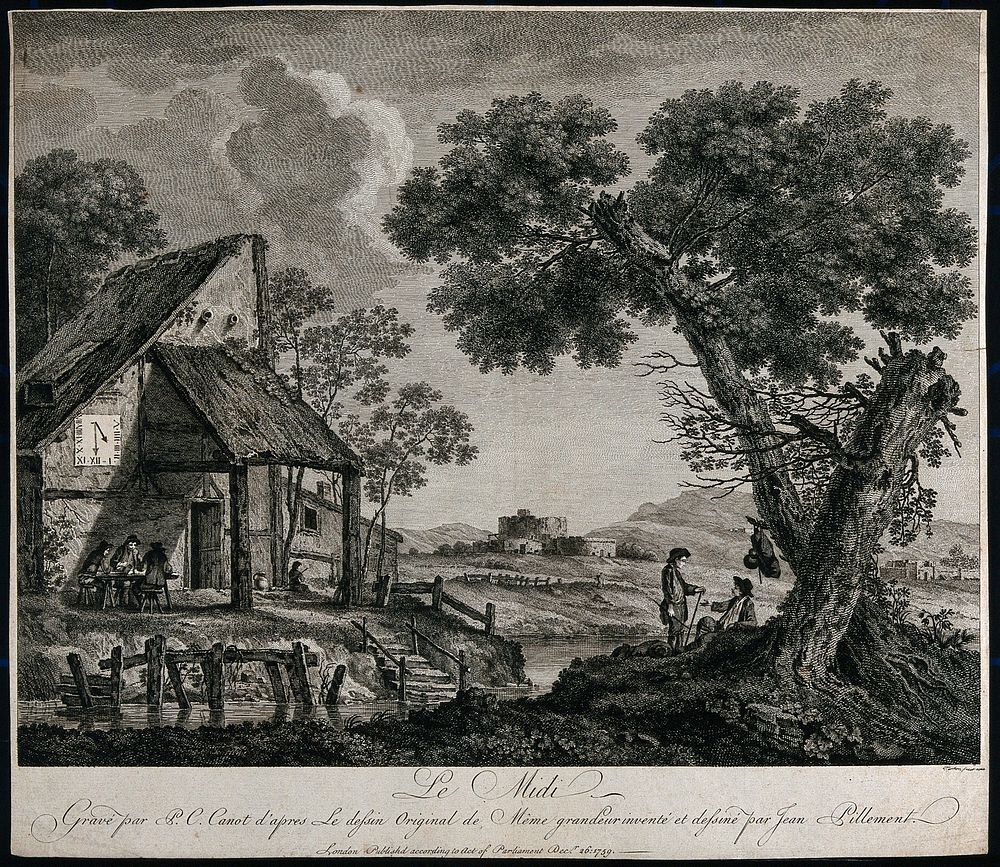 A lake, a cottage and ruins: country people are resting and enjoying the noontime with the sun-dial pointing at XII;…