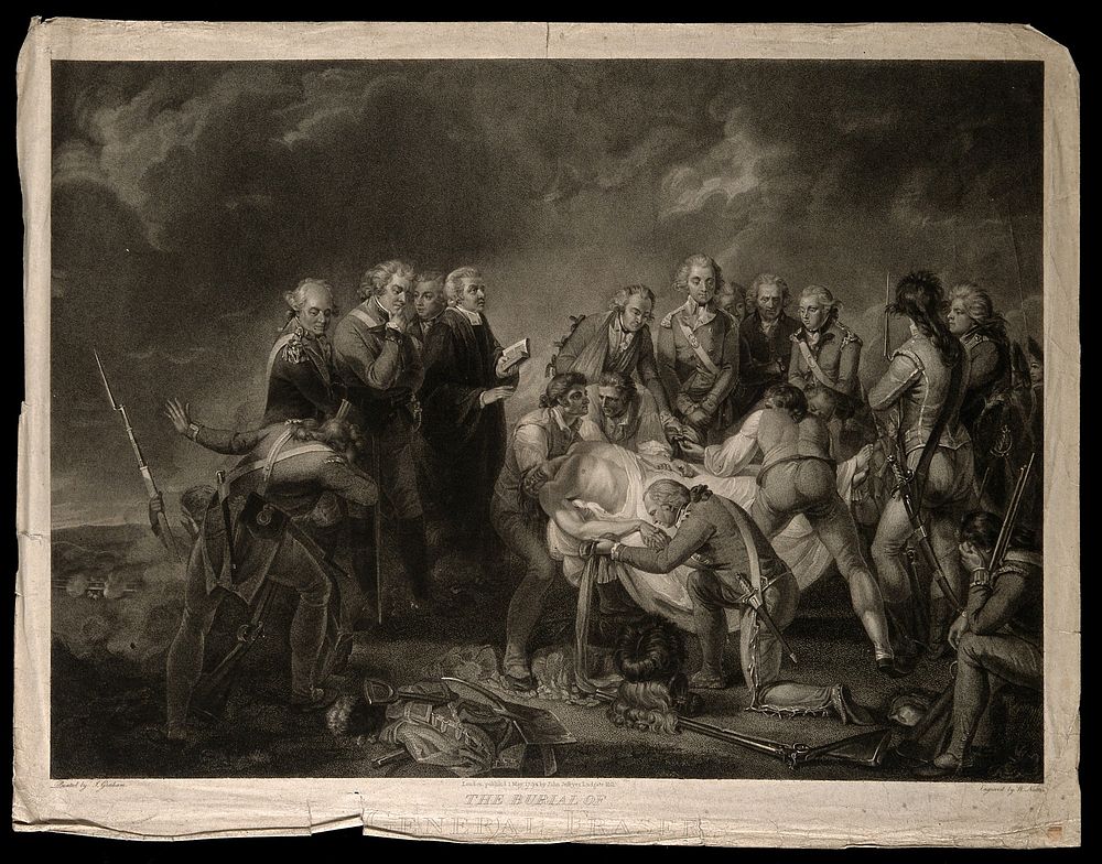 The death of General Simon Fraser at the Battle of Bemis Heights, Saratoga. Stipple engraving by W. Nutter after J. Graham.