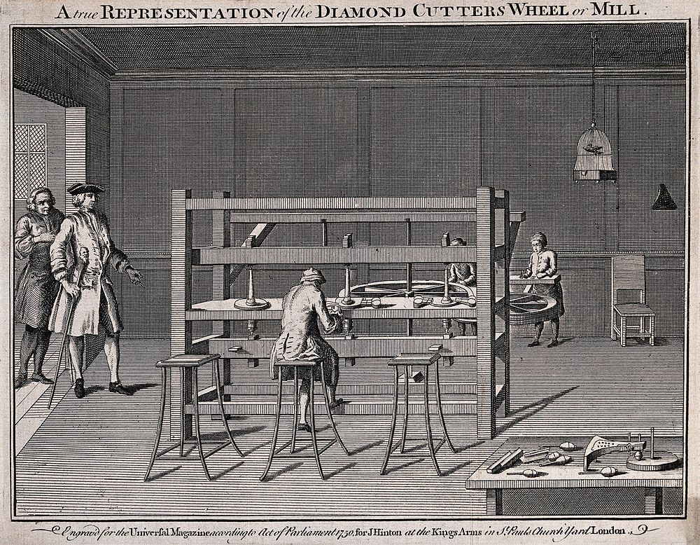 Diamondworks: interior view, a wheel used by diamond cutters with various tools of the trade. Engraving.