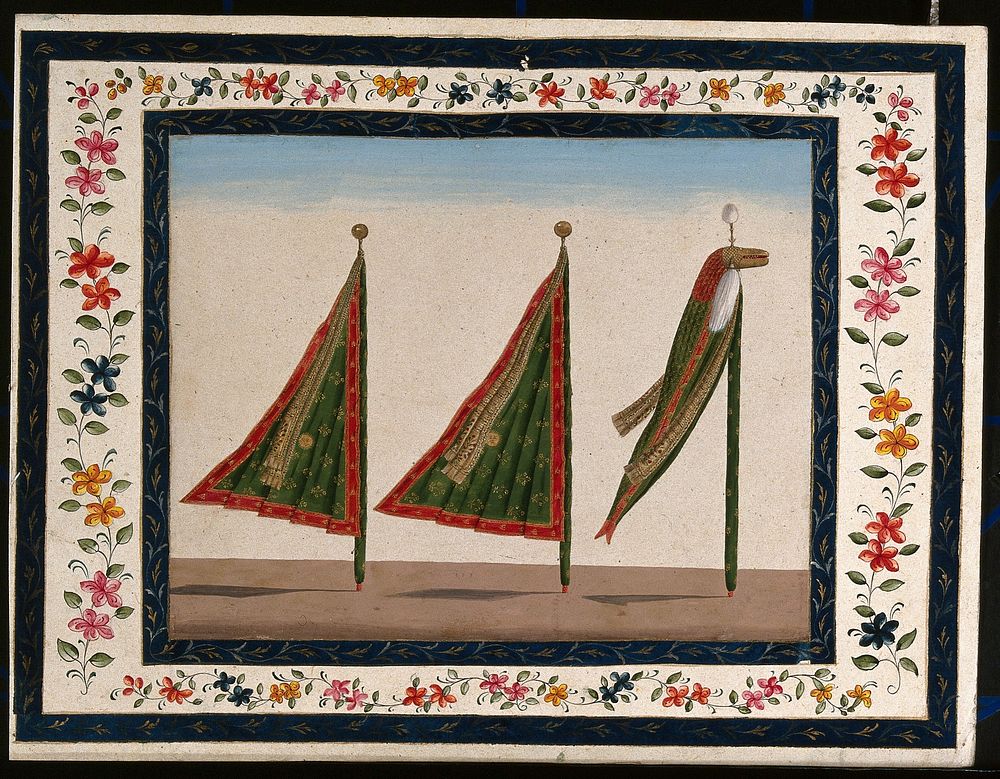 Three pennants, unfurled. Gouache painting by an Indian artist.