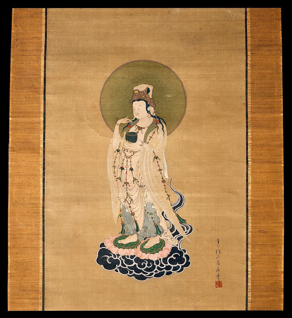The bodhisattva of compassion: Avalokiteśvara or Guanyin. Gouache painting.