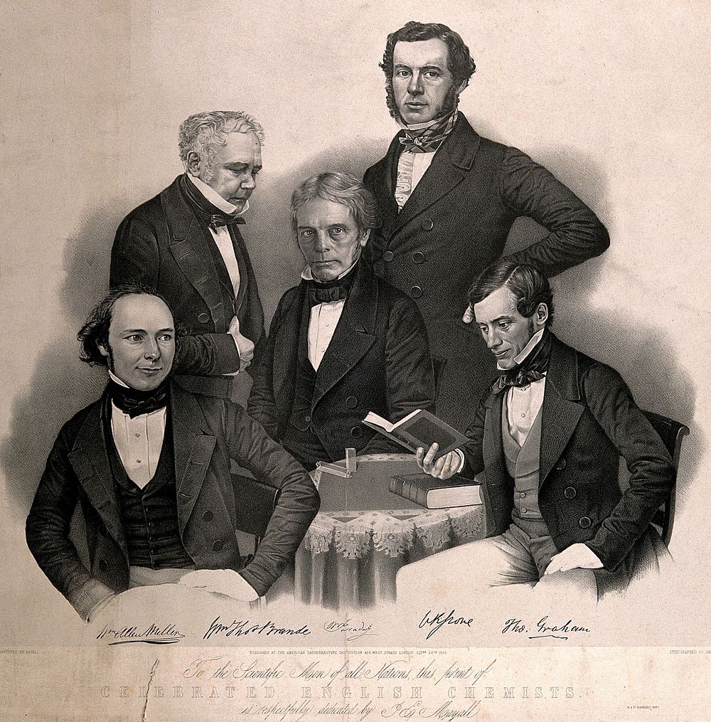 Famous chemists, gathered around a table. Lithograph by Shapper after J.E. Mayall, 1850.