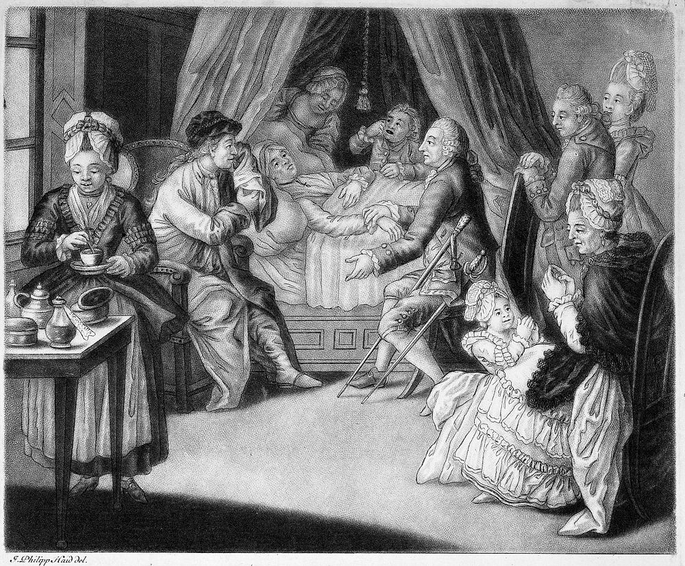 A sick man in bed, attended by a physician, and surrounded by members of his family weeping and praying. Mezzotint by J.J.…