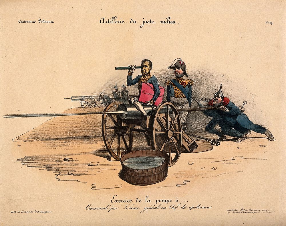 A hybrid of a cannon and a clyster is attended by General Georges Mouton and Gabriel Delessert, the chief of police;…