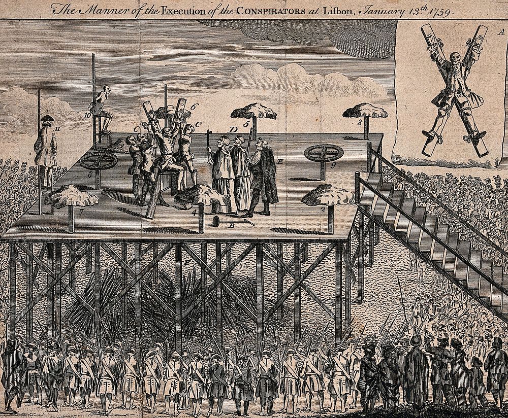 The execution of conspirators by means of breaking them on the wheel and crucification in Lisbon in 1759. Etching with…