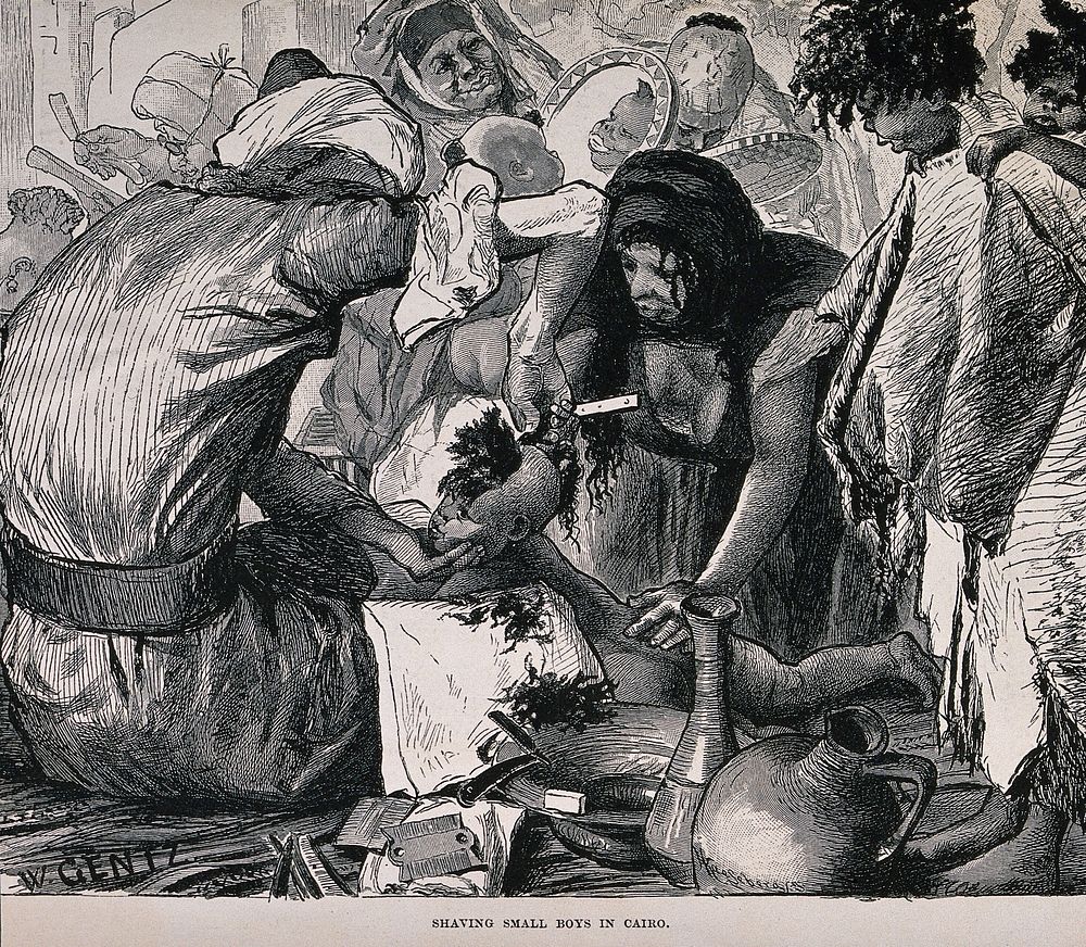 A street barber shaving the head of a small boy in Cairo. Wood engraving by H. Kaeseberg after W. Gentz.
