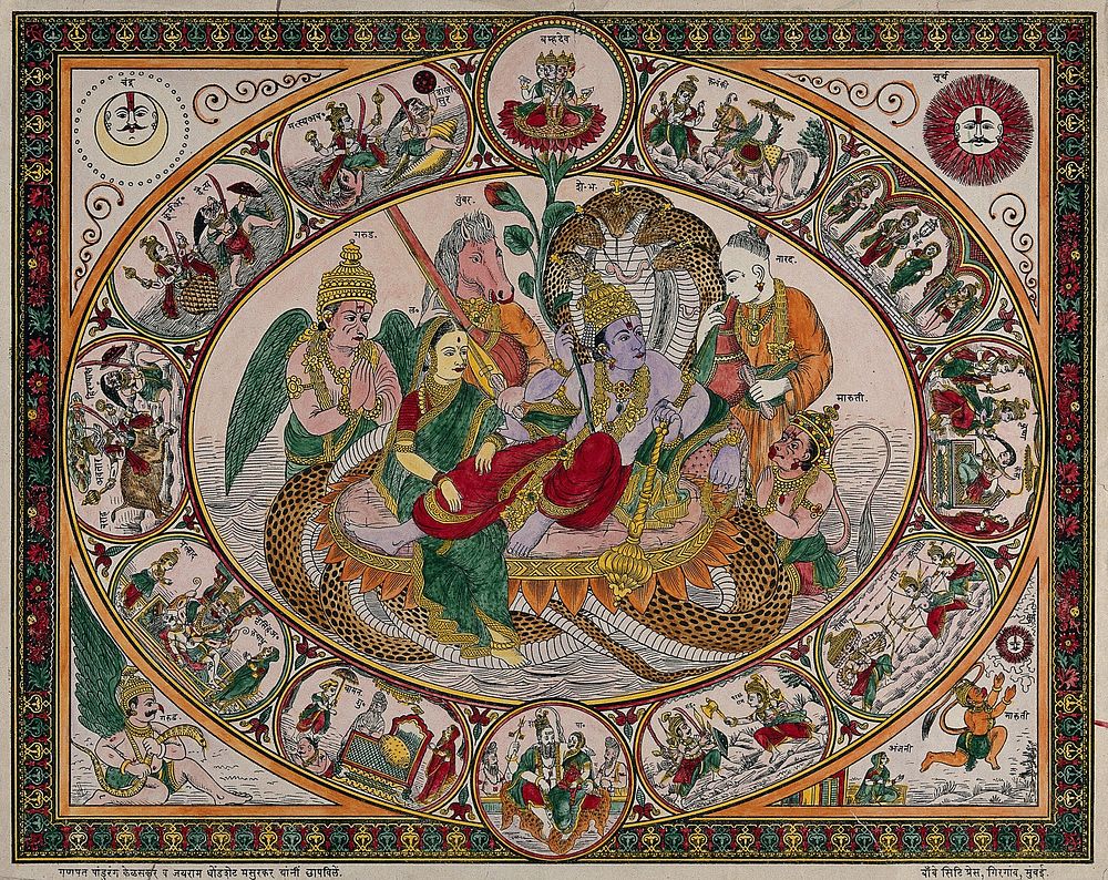 Narayan on the waters with Lakshmi massaging his legs surrounded by Narada, Maruti, Garuda and Tumbra, all surrounded by…
