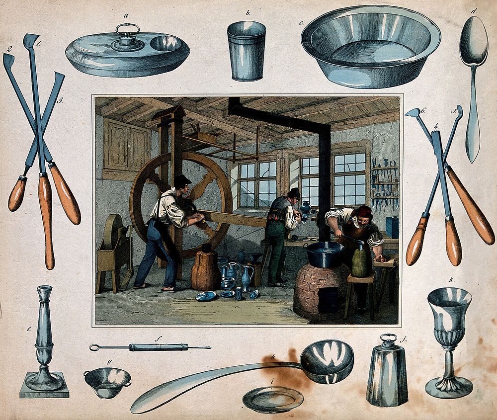 Three men are working at making metal objects such as bowls, spoons, goblets and jugs, some tools of their trade are hanging…