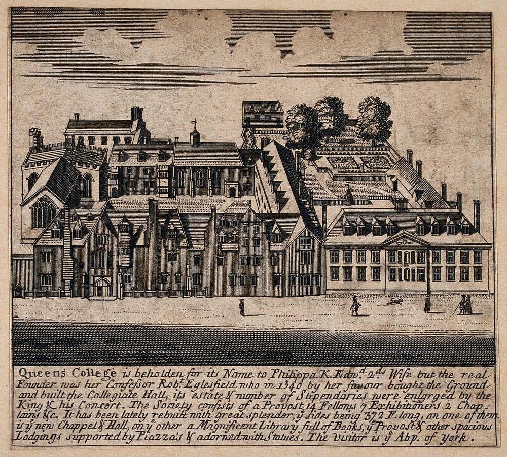 Queen's College, Oxford: bird's eye view and printed text. Line engraving.