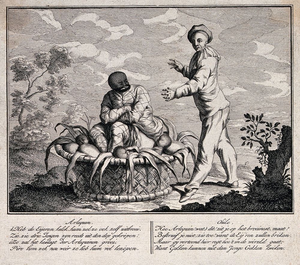 An episode in the childhood of the young Harlequin. Etching by G.J. Xavery.