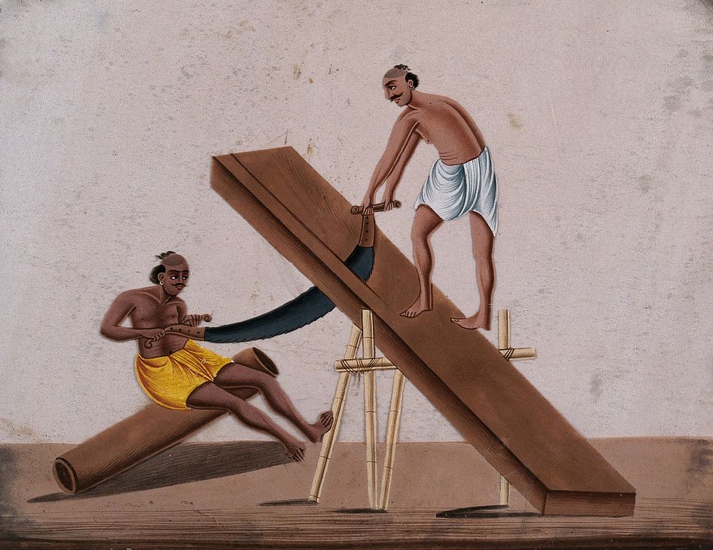 Two men sawing a large block of wood. Gouache painting on mica by an Indian artist.