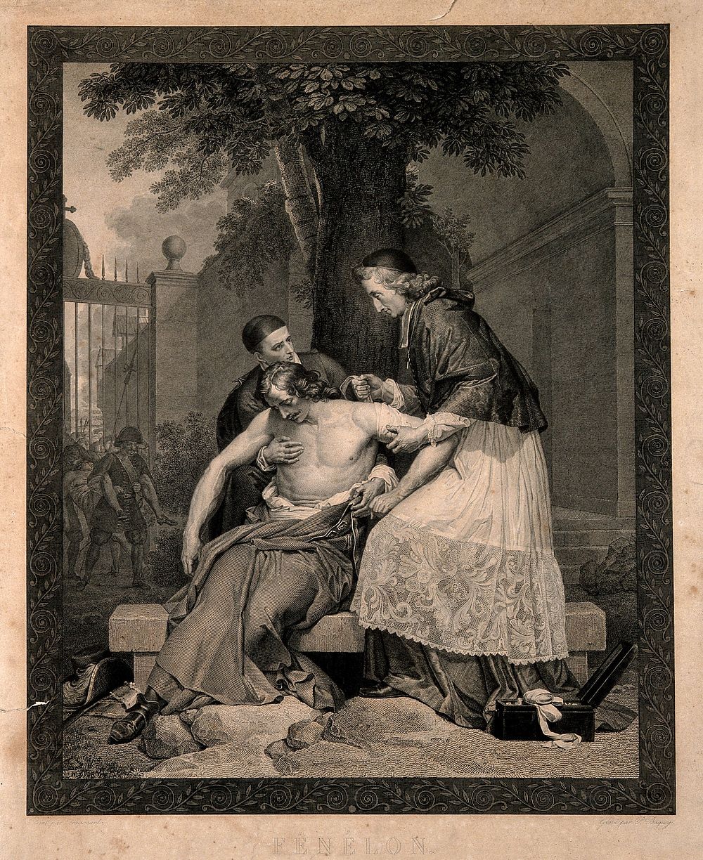 François Fénelon as archbishop of Cambrai bandaging a soldier wounded in the War of Spanish Succession. Engraving by P.C.…