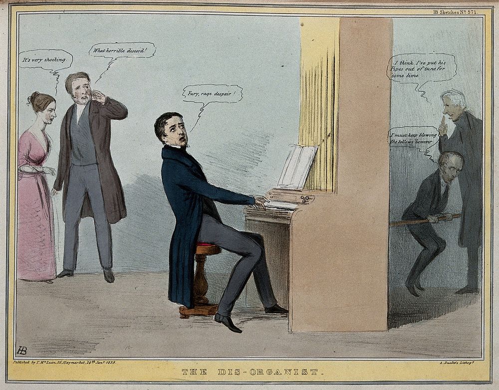 Lord Durham plays the organ and J.A. Roebuck pumps the bellows while Queen Victoria and Lord Melbourne listen. Coloured…