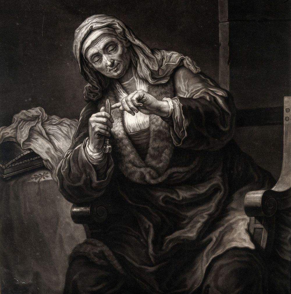 An old woman clipping her finger nails. Mezzotint by J.G. Haid after A. van Dijck , 1764-1767.