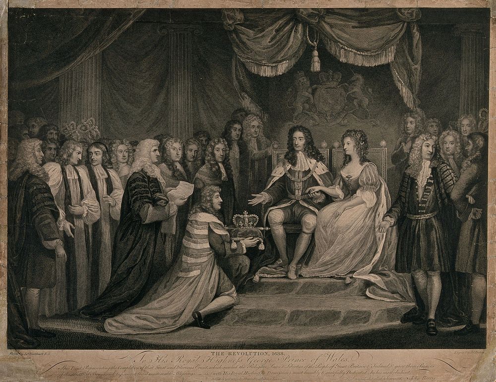 William of Orange, and Mary, his English wife are presented with the English crown by the Marquis of Halifax. Line engraving…