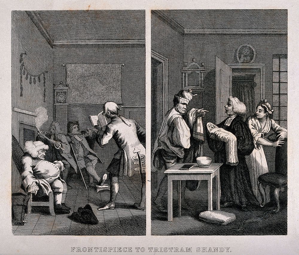 Two episodes in Tristram Shandy: (left) four figures smoking and relaxing in Shandy Hall; (right) the baptism of Tristram.…