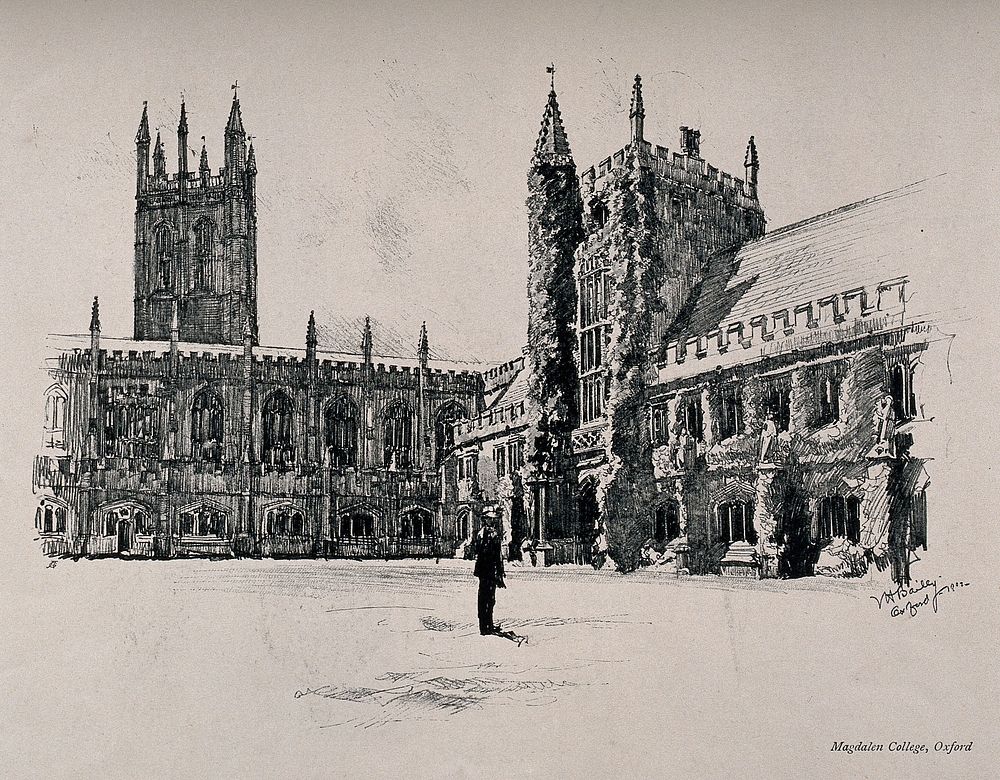 Magdalen College, Oxford: panoramic view. Process print after V.H. Bailey, 1902.