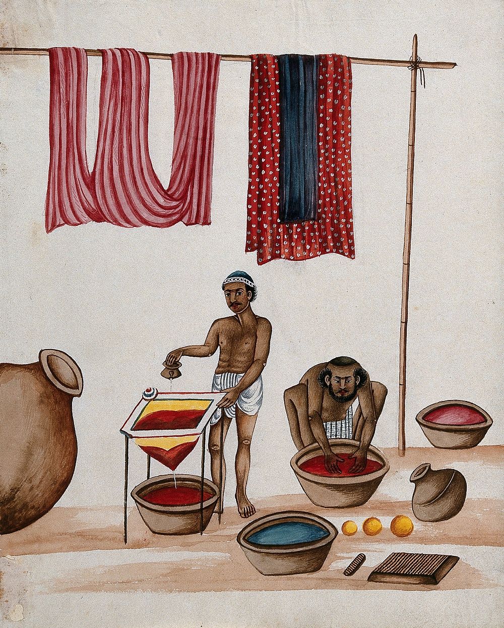 Two men preparing dye for fabric. Watercolour by an Indian painter.