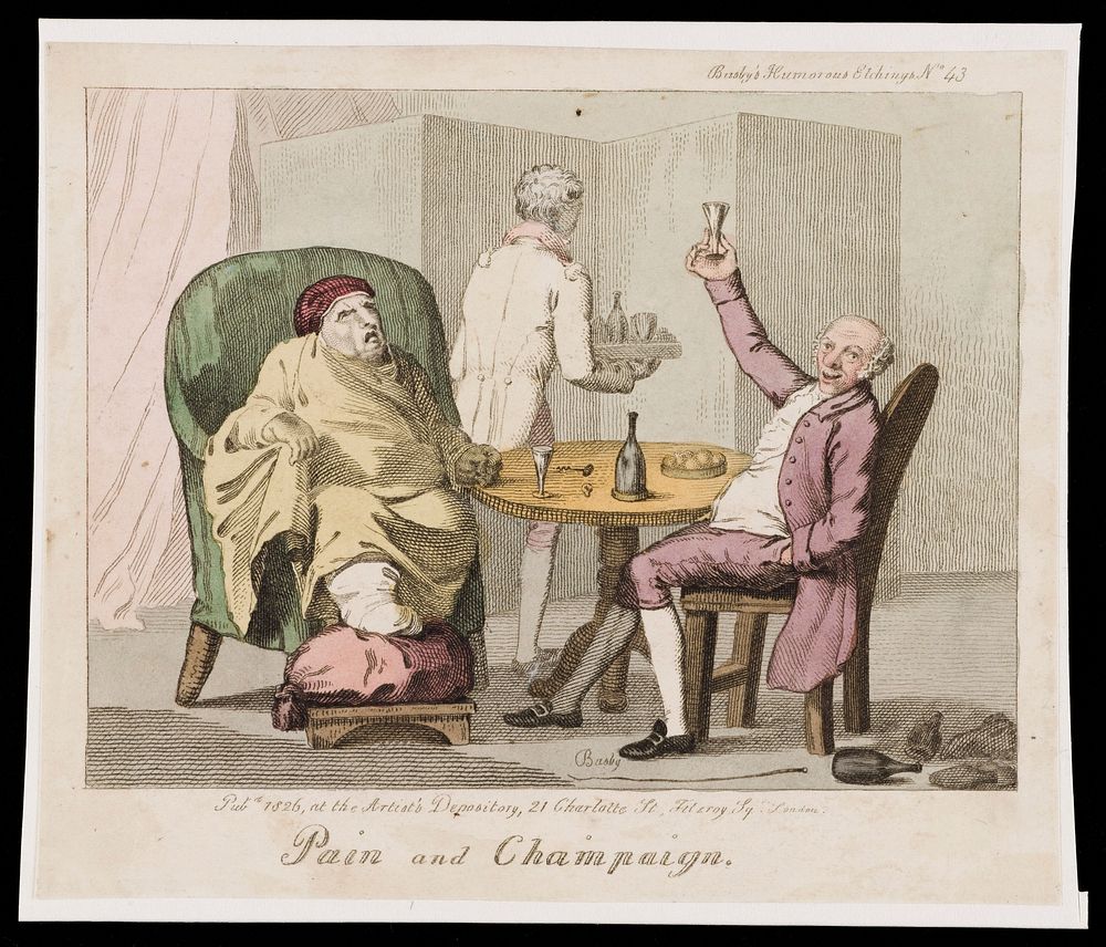 A gouty man at table with a bon viveur drinking champagne (a pun on "pain"). Coloured etching by T.L. Busby, 1826.
