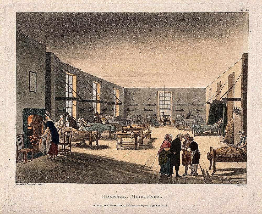 The Middlesex Hospital: the interior of one of the female wards. coloured aquatint by J. C. Stadler, 1808, after A. C. Pugin…