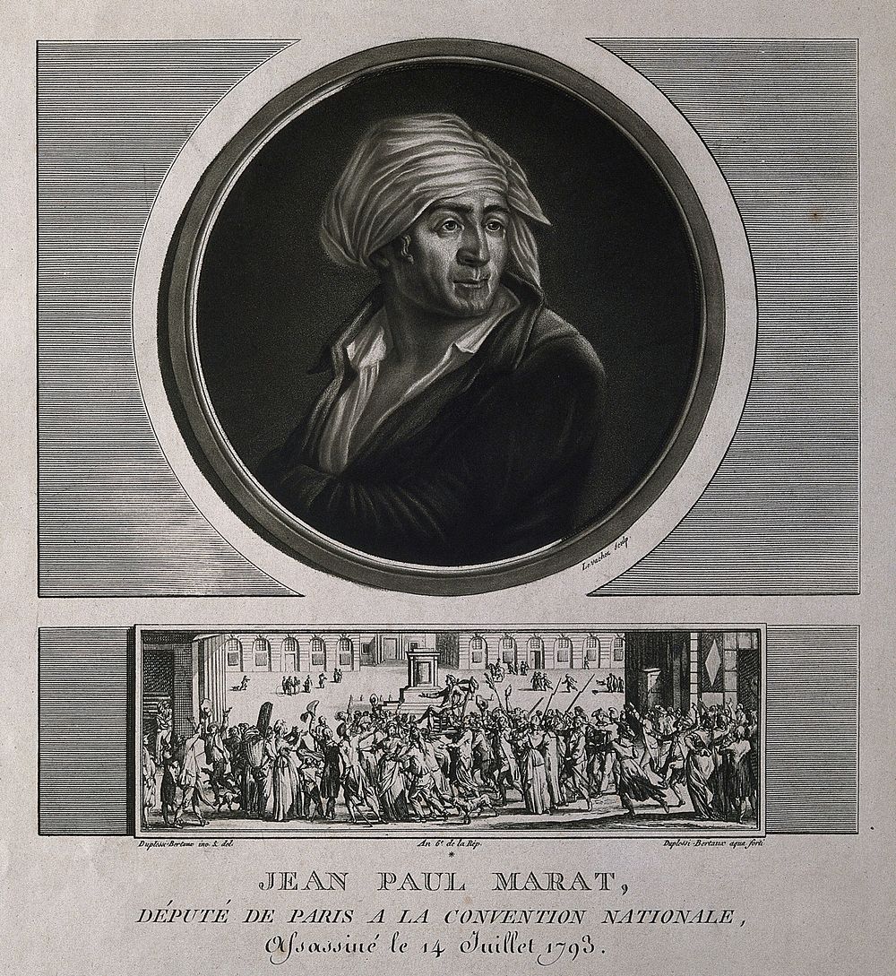 Jean Paul Marat. Mezzotint by C. F. Levachez & J. Duplessi-Bertaux, 1797.