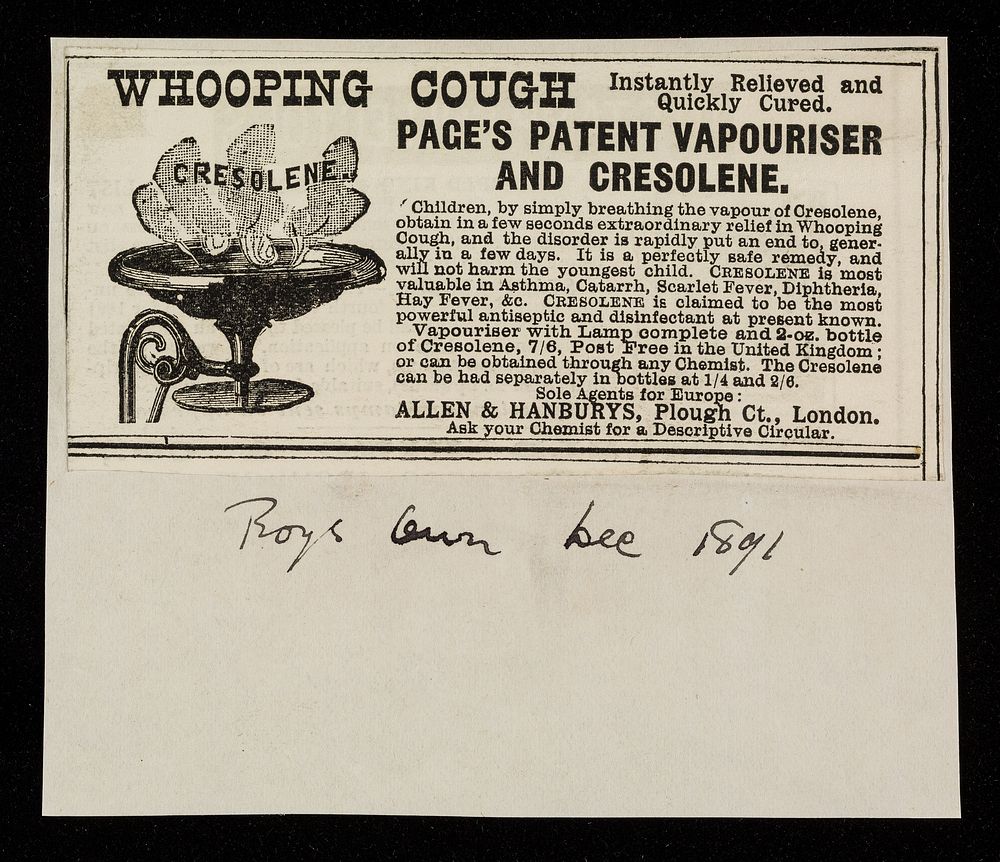 Page's patent vapouriser and cresolene : whooping cough instantly relieved and quickly cured.