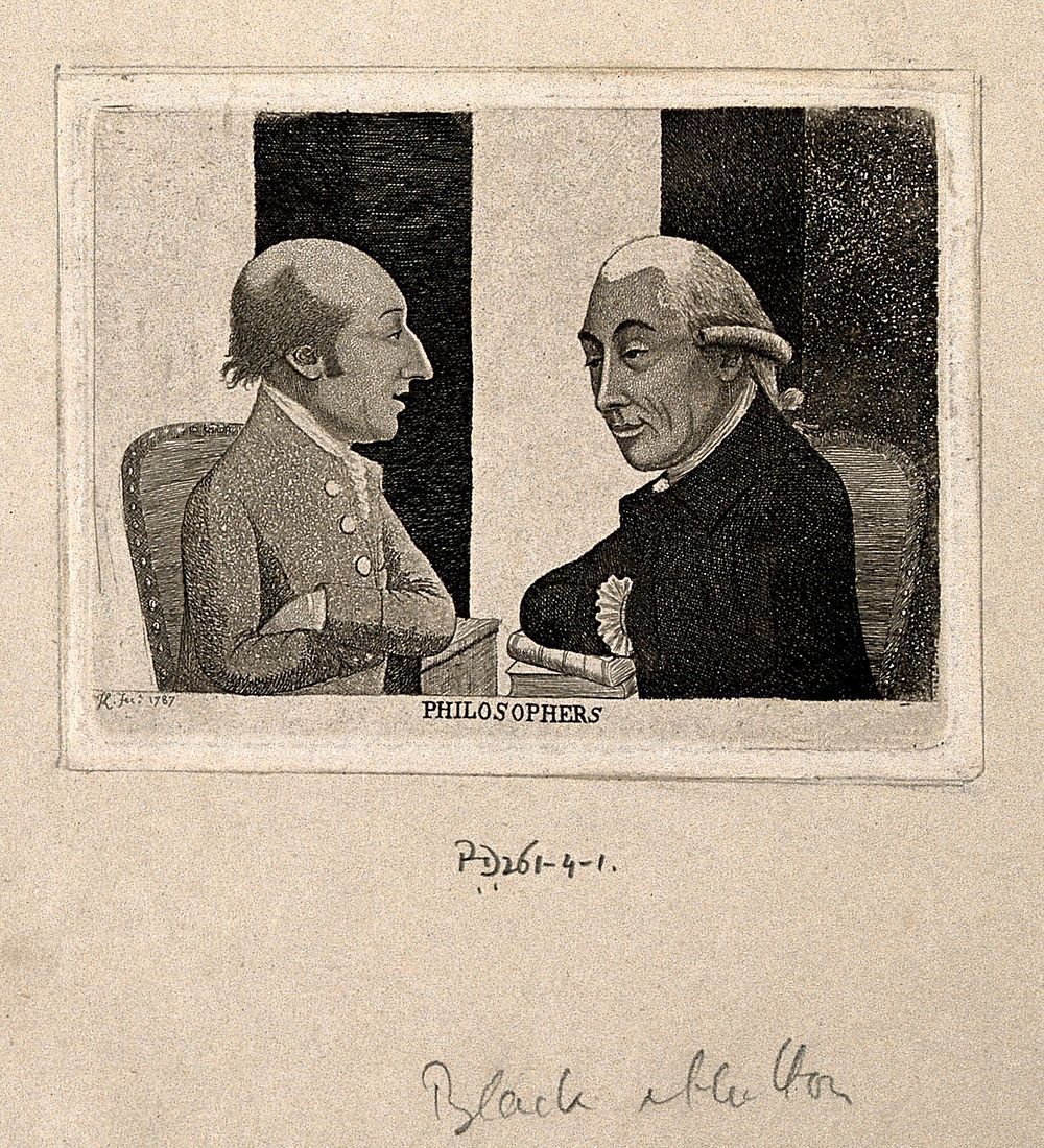 James Hutton (left) and Joseph Black (right), natural philosophers, talking together. Etching and aquatint by J. Kay, 1787.