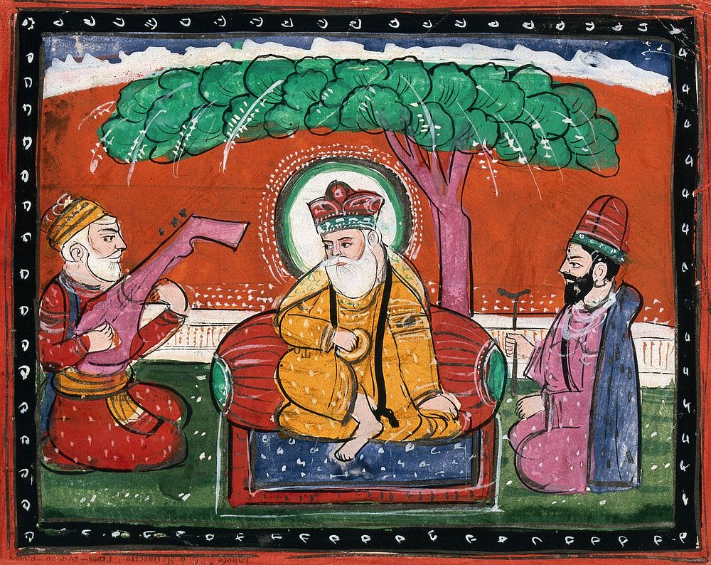Page 49: Guru Nanak listening to some music attended by his holy man. Watercolour drawing.