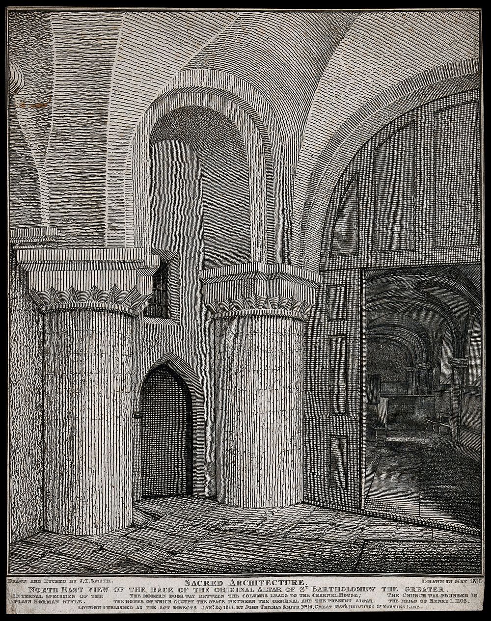 The church of St. Bartholomew the Great: interior view showing the east and north ambulatory. Etching by John Thomas Smith…