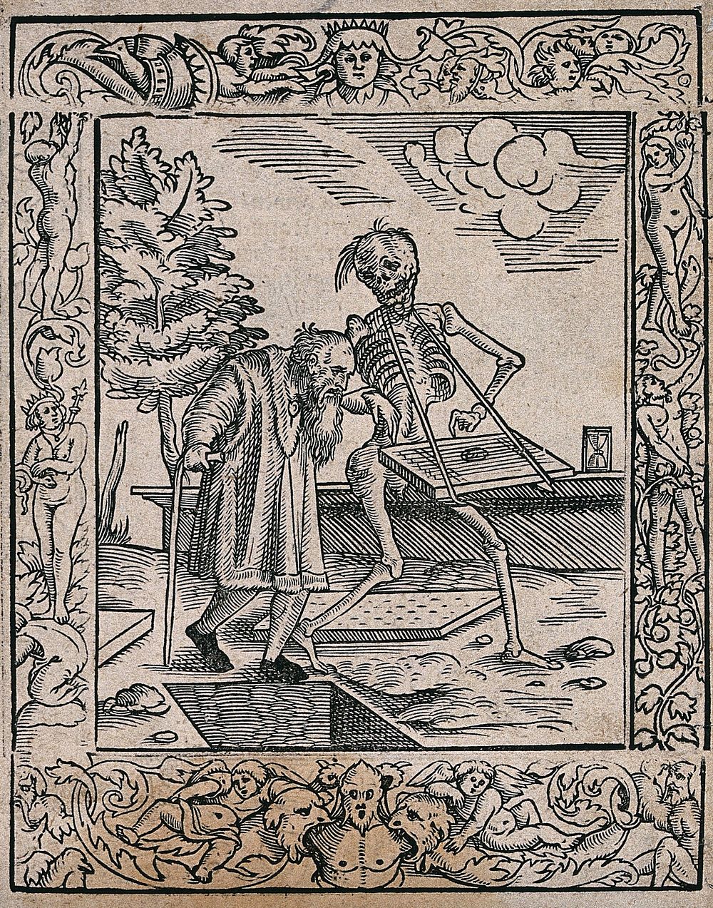 The dance of death: the old man. Woodcut after Hans Holbein the younger.