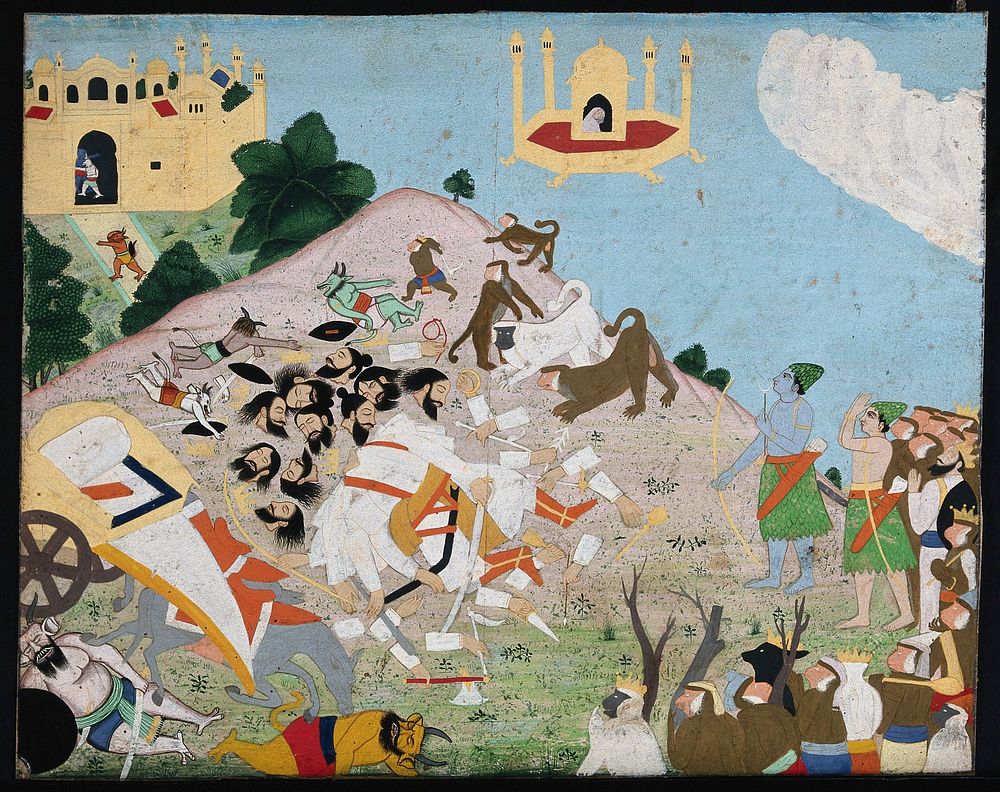 The death of Ravana, the ten headed demon king of Lanka by Lord Rama, his brother Lakshman and an army of monkeys. Gouache…