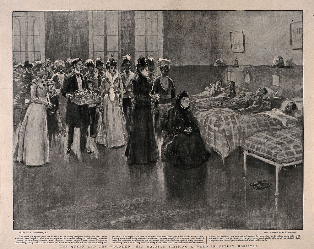 Royal Victoria Military Hospital, Netley, Hampshire: Queen Victoria visiting the wounded. Process print after R.C. Dickinson…