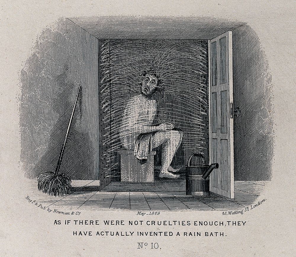 A man visiting a health resort is seated in a cubicle and is being sprayed with water coming from the walls. Etching, May…