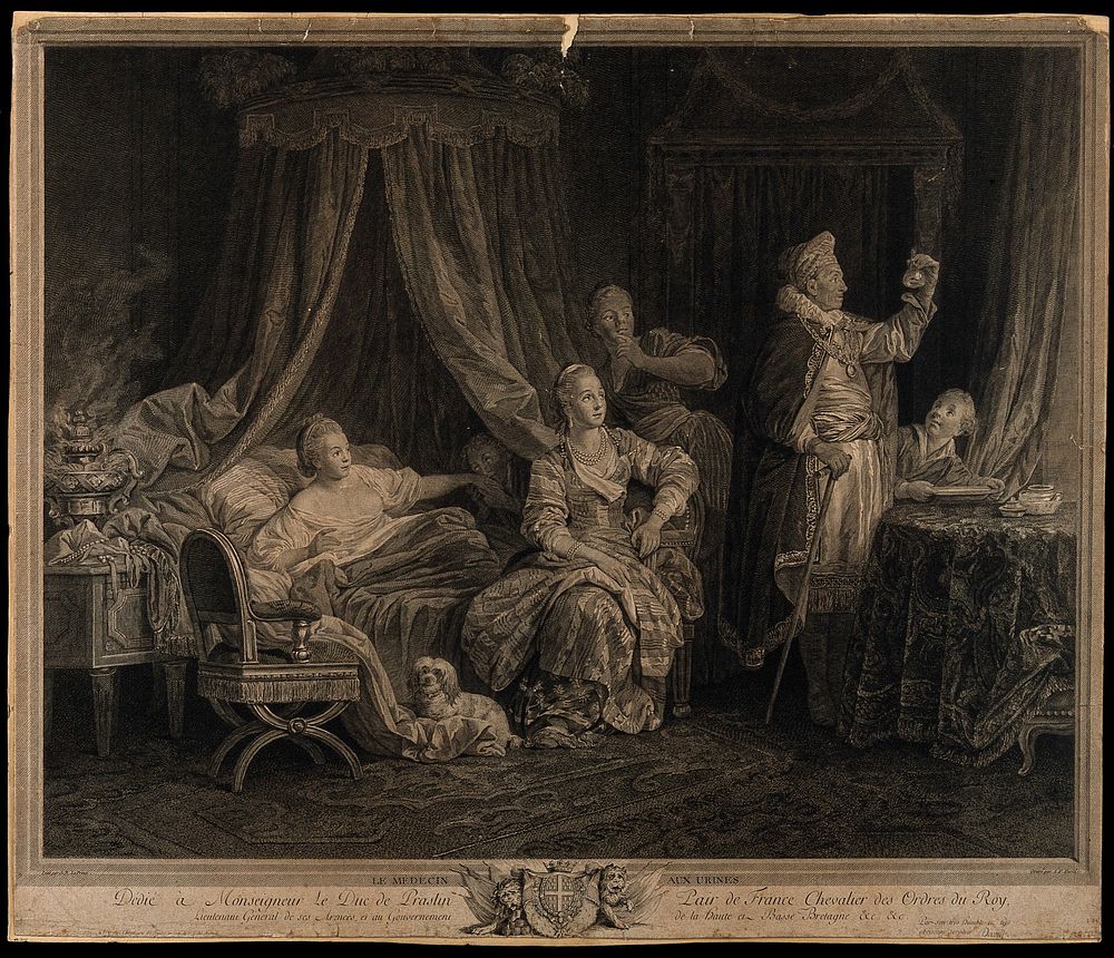 A physician examining a urine flask of a scantily dressed attractive woman who is in bed surrounded by her mother, lover and…
