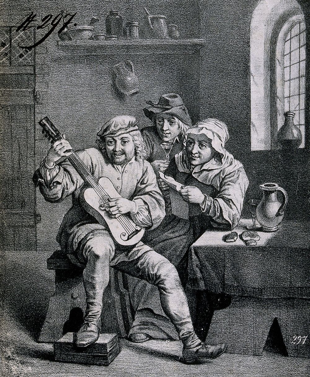 A guitar player in a dingy tavern with a woman holding a song-sheet and a man with glass by his side. Lithograph after D.…