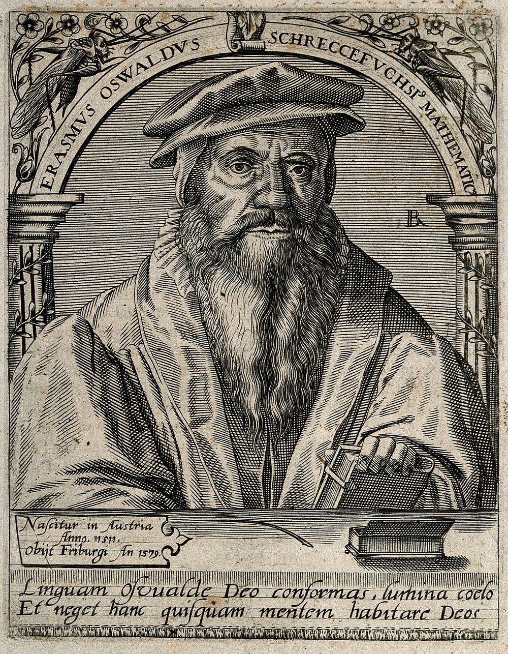 Erasmus Oswald Schreckefuchs. Line engraving by T. de Bry.