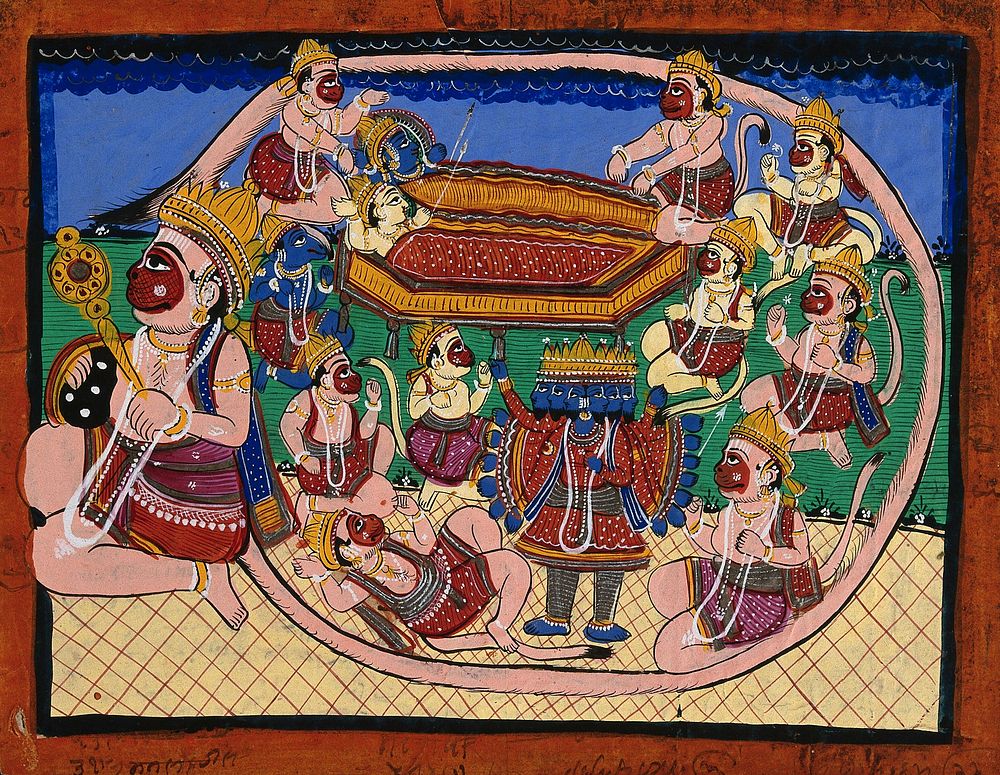 Hanuman kneeling with tail encircling Rama and Sita in bed, while several monkeys circle around Ravana. Gouache drawing.