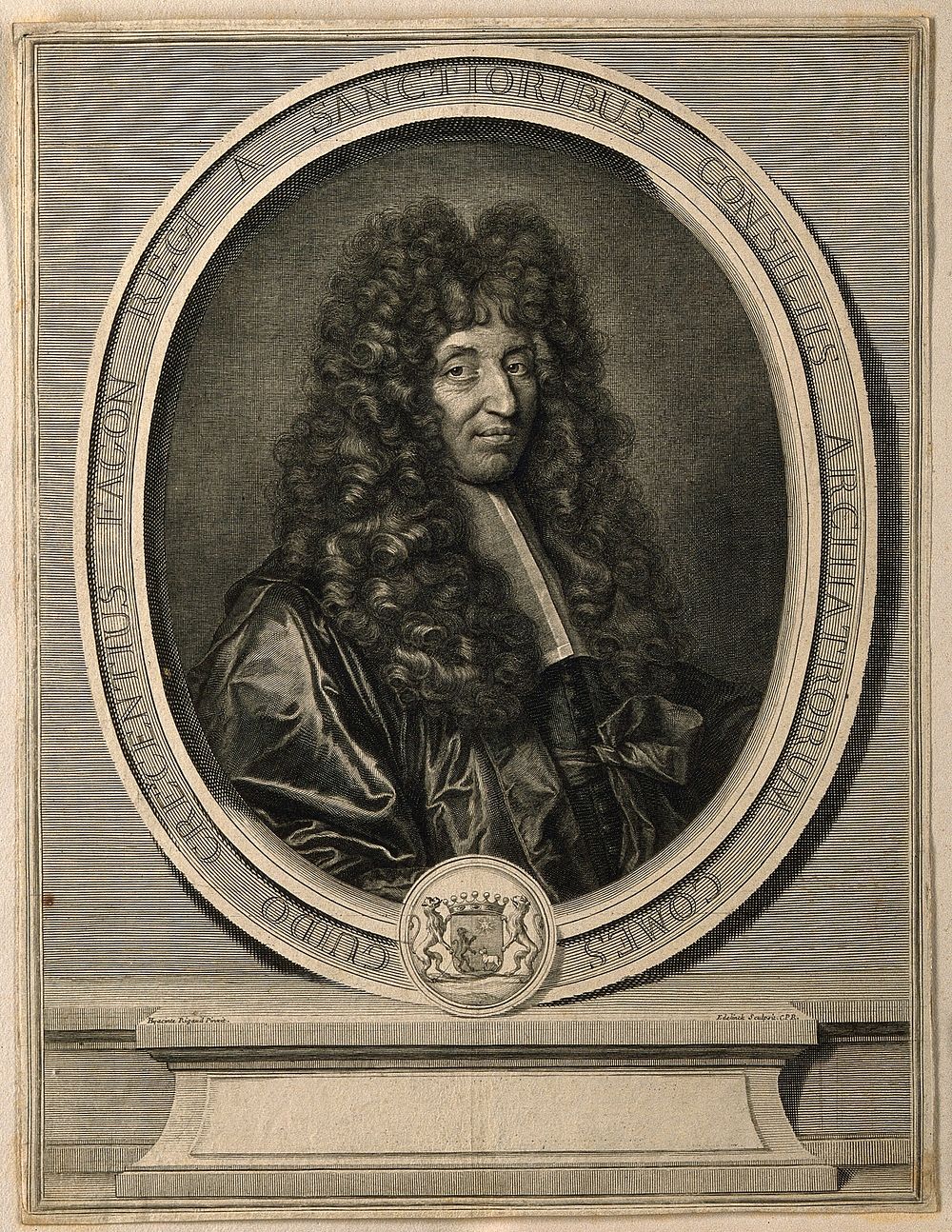 Gui Crescent Fagon. Line engraving by G. Edelinck, 1695, after H. Rigaud, 1694.