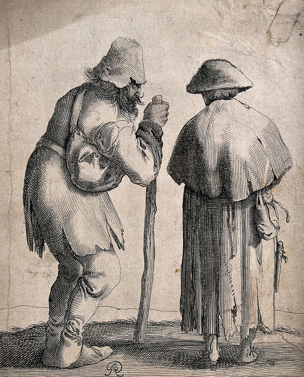 Two beggars dressed in ragged clothing, one with a large stick, are walking together on the road. Etching.