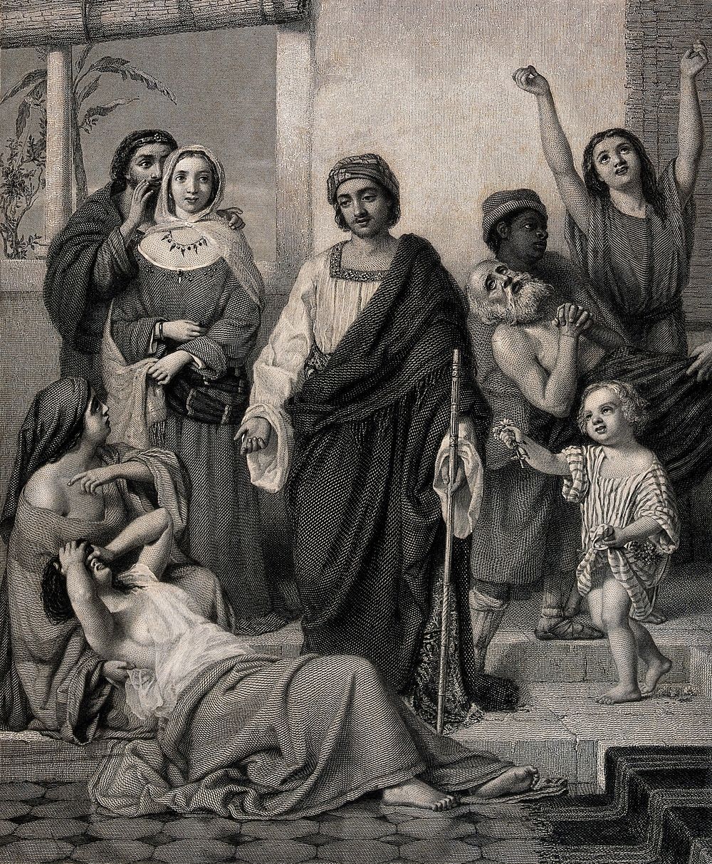 Job giving alms to the sick. Engraving by H. Bourne, 1862, after W.C.T. Dobson.