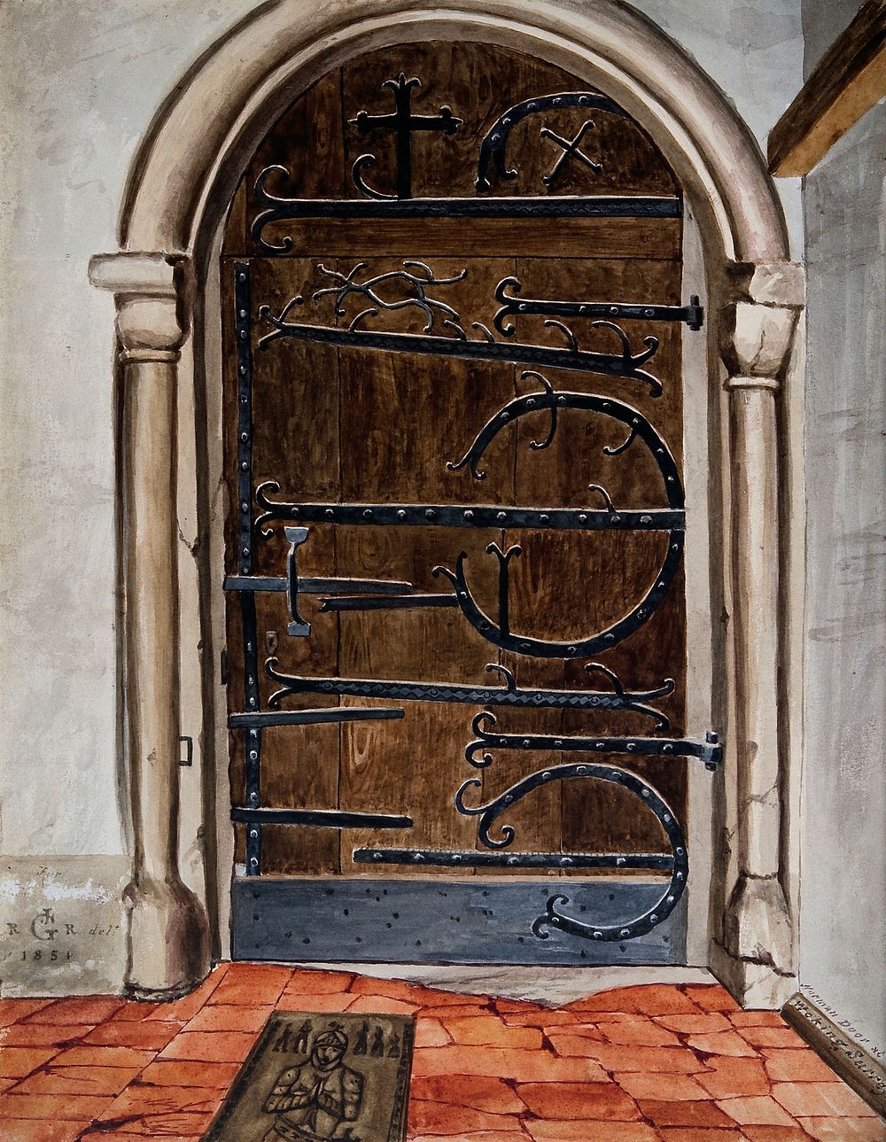 Architecture: a church doorway with wrought ironwork at Woking, Surrey. Watercolour painting by [R J G R], 1851.