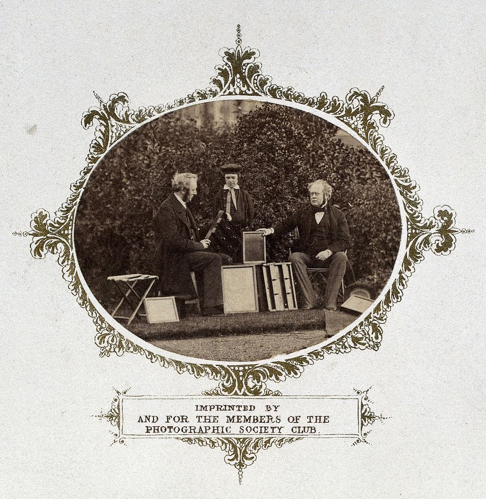 Members of the Photographic Society club, with H.W. Diamond on the left. Photograph, ca. 1856.