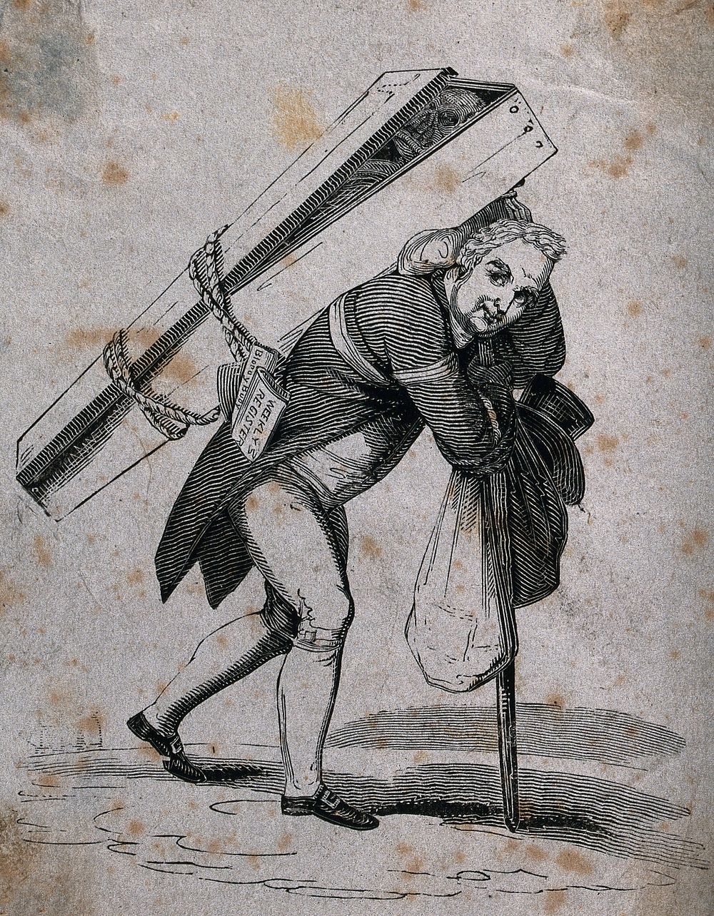 A man carries a coffin on his back. Etching.