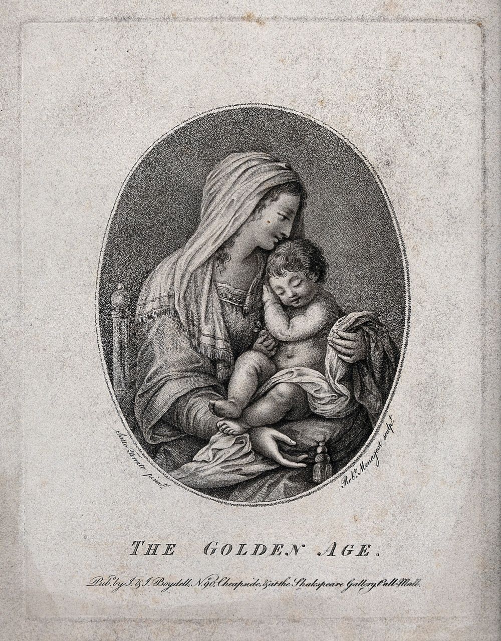 The Virgin with the Christ Child; representing the golden age. Stipple engraving by R. Menageot after G.B. Salvi, il…